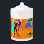 Retro Cartoon Cocktail Party Teapot<br><div class="desc">This Retro Cartoon Cocktail Party Teapot doesn't have an introverted bone in its body! The mid century modern design features a vibrant cartoon drawing of a living room and a lively cocktail party. There is an attractive couple on the dance floor. The blonde woman in a turquoise dress and her...</div>