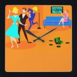 Retro Cartoon Cocktail Party Wall Clock<br><div class="desc">This Retro Cartoon Cocktail Party Wall Clock doesn't have an introverted bone in its body! The mid century modern design features a vibrant cartoon drawing of a living room and a lively cocktail party. There is an attractive couple on the dance floor. The blonde woman in a turquoise dress and...</div>