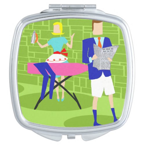 Retro Cartoon Couple at Home Compact Mirror