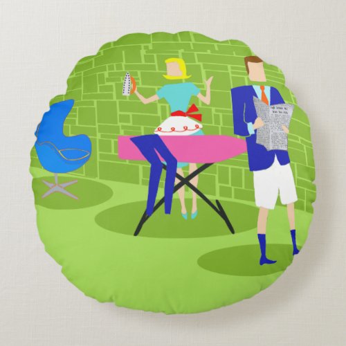 Retro Cartoon Couple at Home Round Pillow