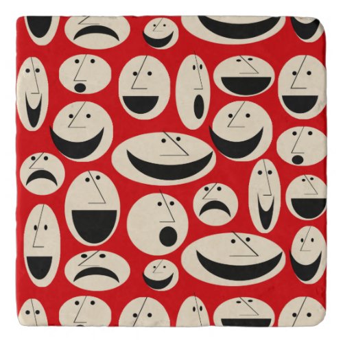 Retro Cartoon Faces Pattern Marble Stone Trivet