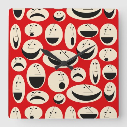 Retro Cartoon Faces Pattern Square Wall Clock