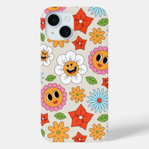 Retro Cartoon Flowers Whimsical Happy Fun iPhone 15 Case