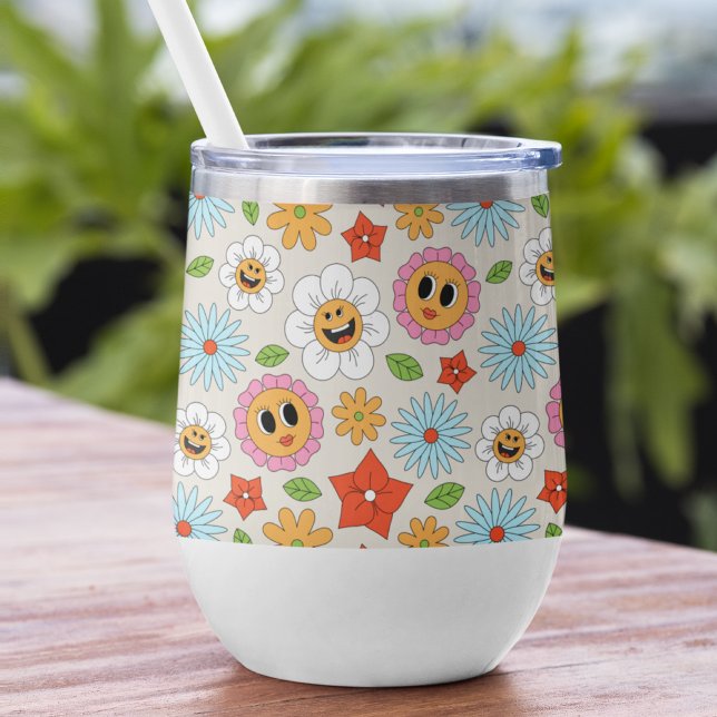 Retro Cartoon Flowers Whimsical Happy Fun Thermal Wine Tumbler (Creator Uploaded)