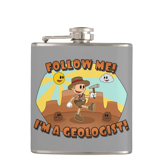 Retro Cartoon- Follow Me I'm a Geologist! Flask (Front)