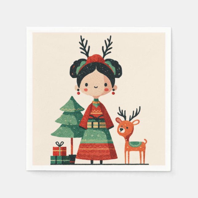 Retro Cartoon Frida Kahlo Cute Simple Christmas Napkins (Front)