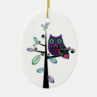 Retro Cartoon Owl in His Funky Tree Ceramic Ornament