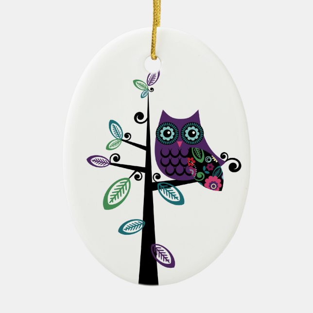 Retro Cartoon Owl in His Funky Tree Ceramic Ornament (Front)