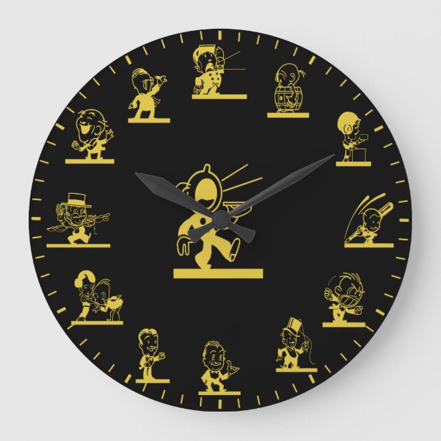 Retro Cartoon People Themed Gold Large Clock (Front)