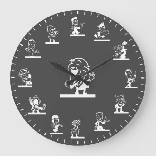 Retro Cartoon People Themed White Large Clock