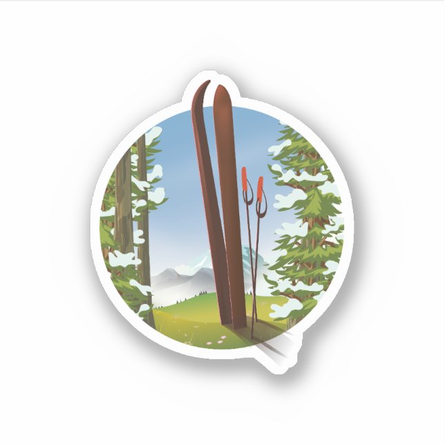 Retro cartoon ski travel logo sticker (Front)