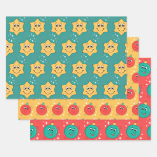 Retro cartoon smiley characters xmas design wrapping paper sheets