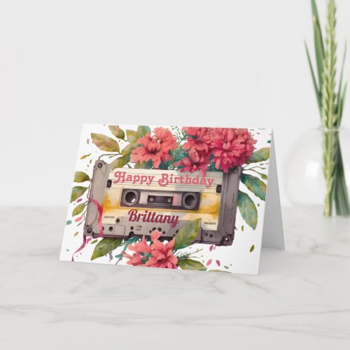 Retro Cassette  Floral Happy Birthday Card