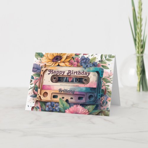 Retro Cassette  Floral Happy Birthday Card