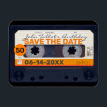 Retro Cassette tape 50th birthday Save the date M2 Magnet<br><div class="desc">Old cassette tape or audio cassette to personalize with your name and date. Design on flexible photo magnet with text for 50th Birthday "Save the Date". Matching birthday save the date postcard, birthday invitation, birthday paper napkin and guest book (spiral notebook and hard cover). Don't forget the whole collection of...</div>