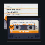Retro Cassette tape 50th birthday Save the date P2 Invitation Postcard<br><div class="desc">Old cassette tape or audio cassette small orange round for age. Design on postcard with text for 50th Birthday "Save the Date" with name, date, address to customize. Matching birthday save the date magnet, birthday invitation, birthday paper napkin and guest book (spiral notebook and hard cover). Don't forget the whole...</div>