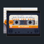 Retro Cassette tape 50th birthday Save the date P2 Invitation Postcard<br><div class="desc">Old cassette tape or audio cassette small orange round for age. Design on postcard with text for 50th Birthday "Save the Date" with name, date, address to customize. Matching birthday save the date magnet, birthday invitation, birthday paper napkin and guest book (spiral notebook and hard cover). Don't forget the whole...</div>