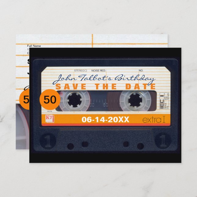 Retro Cassette tape 50th birthday Save the date P2 Invitation Postcard (Front/Back)