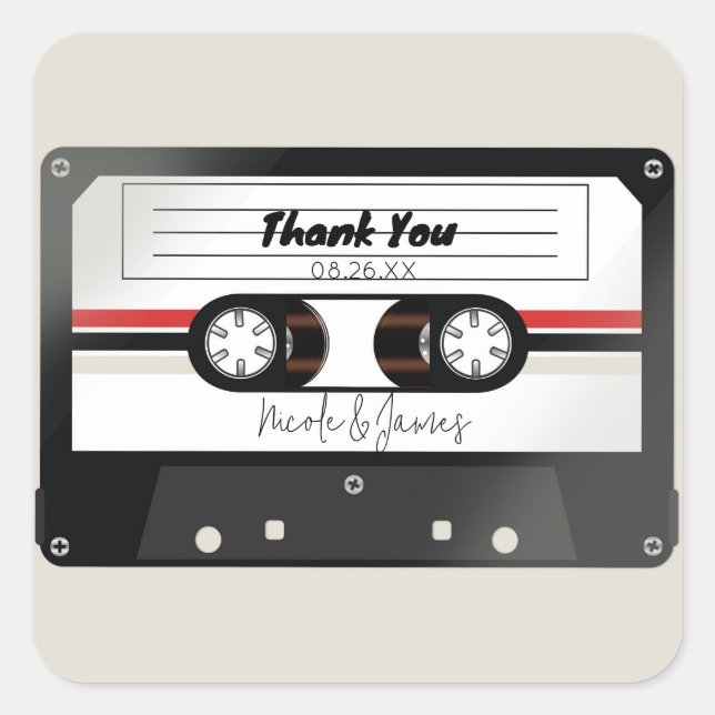 Retro Cassette Tape Beige Grey Wedding Square Sticker (Front)