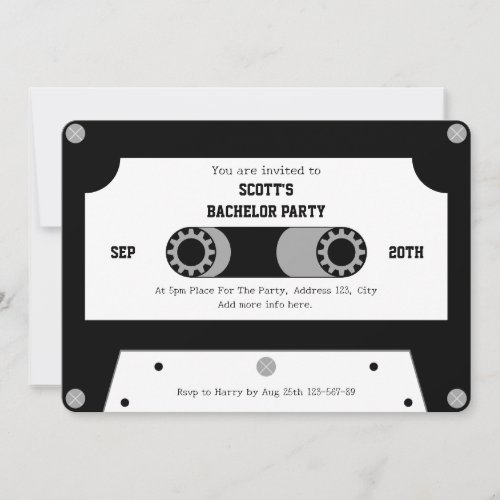 Retro Cassette Tape Black And White Bachelor Party Invitation