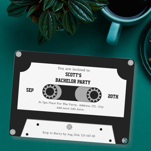 Retro Cassette Tape Black And White Bachelor Party Invitation