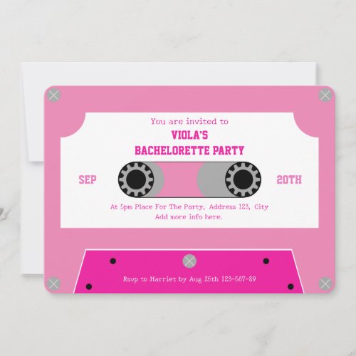 Retro Cassette Tape Hot Pink Bachelorette Party Invitation