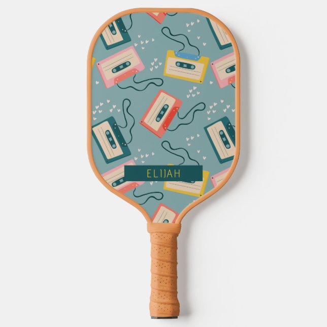 Retro Cassette Tape Pattern Blue Pickleball Paddle (Front)