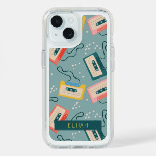Retro Cassette Tape Pattern Blue iPhone 15 Case