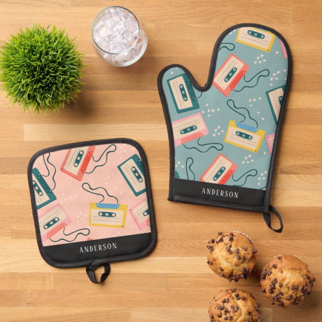 Retro Cassette Tape Pattern Oven Mitt & Pot Holder Set (Top Down)