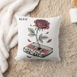 Retro Cassette Tape Rose Personalized Name Throw Pillow