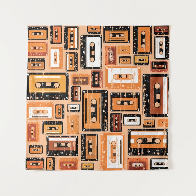 Retro Cassette Tape Seamless Pattern Tapestry (Front)