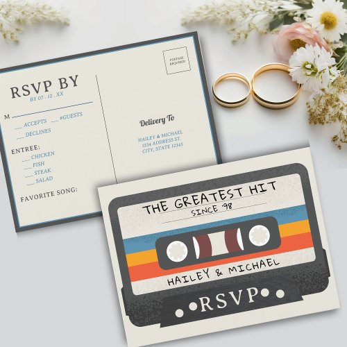 Retro Cassette Tape The Greatest Hit Wedding RSVP Postcard