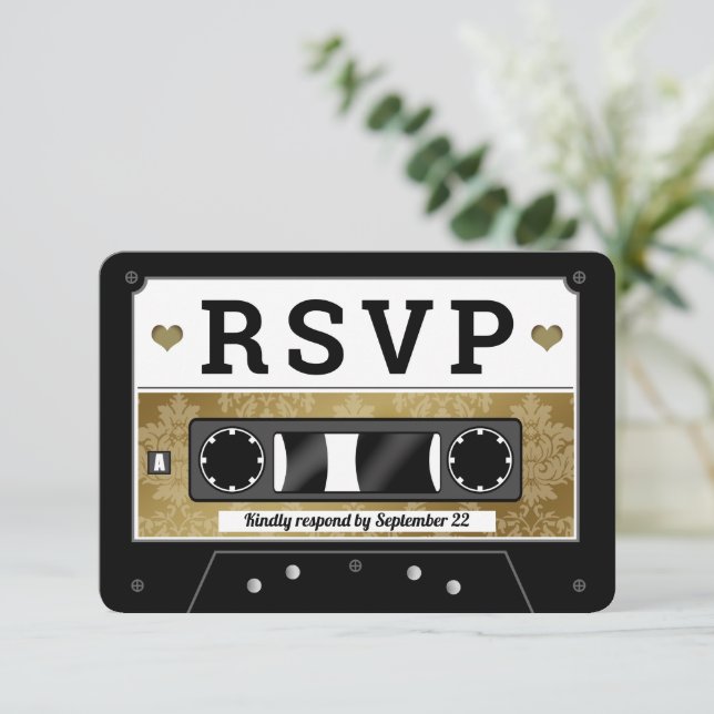 Retro Cassette Tape Wedding RSVP Announcement (Standing Front)