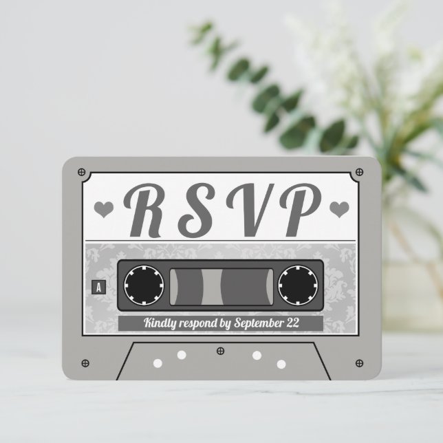 Retro Cassette Tape Wedding RSVP Announcement (Standing Front)