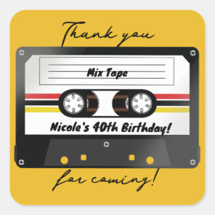 Retro Cassette Tape Yellow 90's Birthday Party Square Sticker