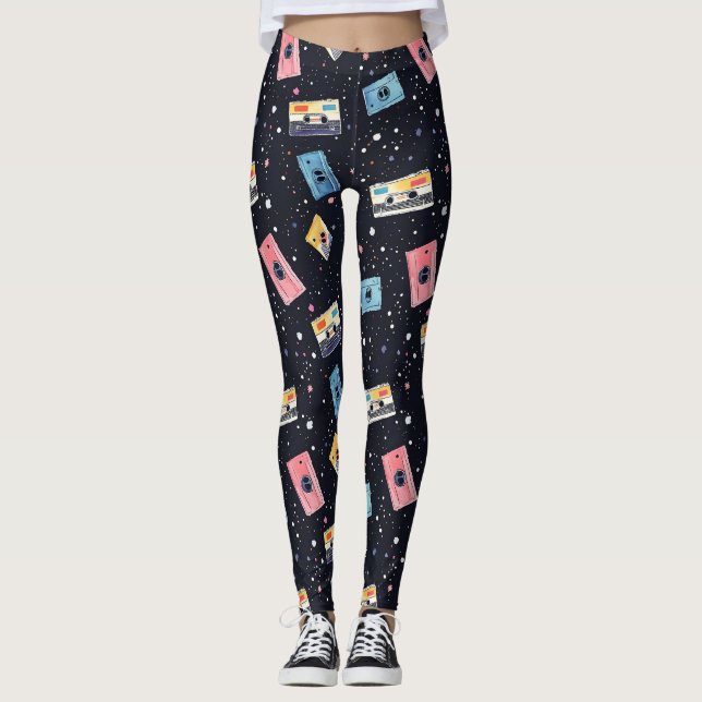 Retro Cassette Tapes in Cosmic Space Leggings (Front)