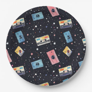 Retro Cassette Tapes in Cosmic Space Paper Plates