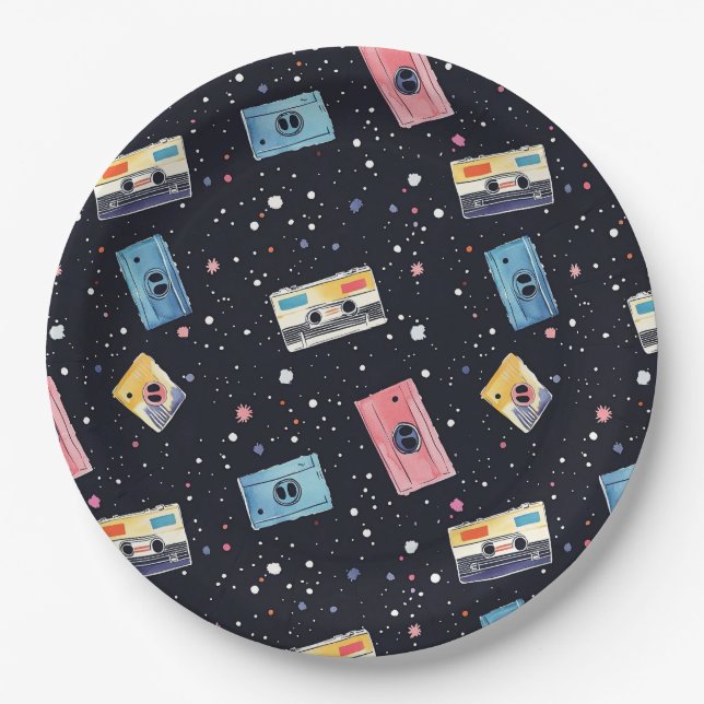 Retro Cassette Tapes in Cosmic Space Paper Plates (Front)