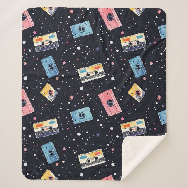 Retro Cassette Tapes in Cosmic Space Sherpa Blanket (Front)