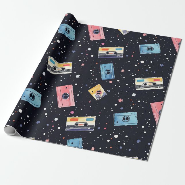 Retro Cassette Tapes in Cosmic Space Wrapping Paper (Unrolled)
