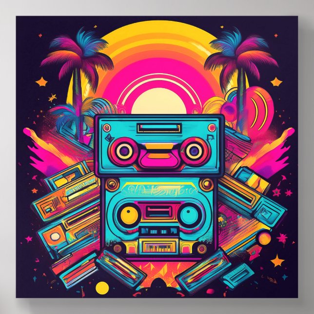 Retro Cassette Tapes Neon Sunset Art Print Acrylic Photo Tile (Front Set)