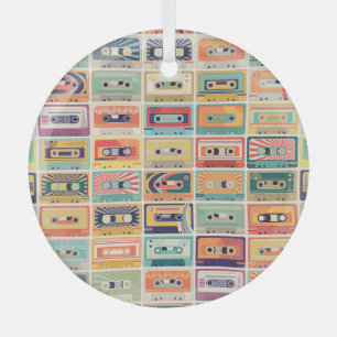 Retro Cassette Tapes Vintage Pattern. Glass Ornament