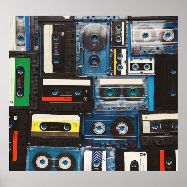 Retro Cassettes: Blue Background Vintage. Poster (Front)