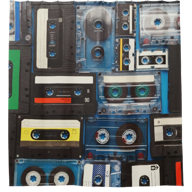 Retro Cassettes: Blue Background Vintage. Shower Curtain (Front)