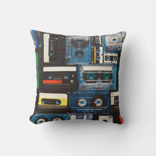 Retro Cassettes: Blue Background Vintage. Throw Pillow