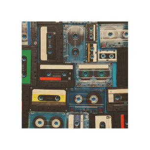 Retro Cassettes: Blue Background Vintage. Wood Wall Art