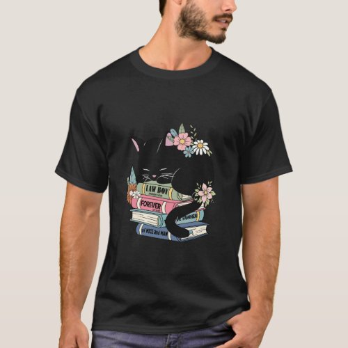Retro Cat and Books Floral Librarian Reading Tee