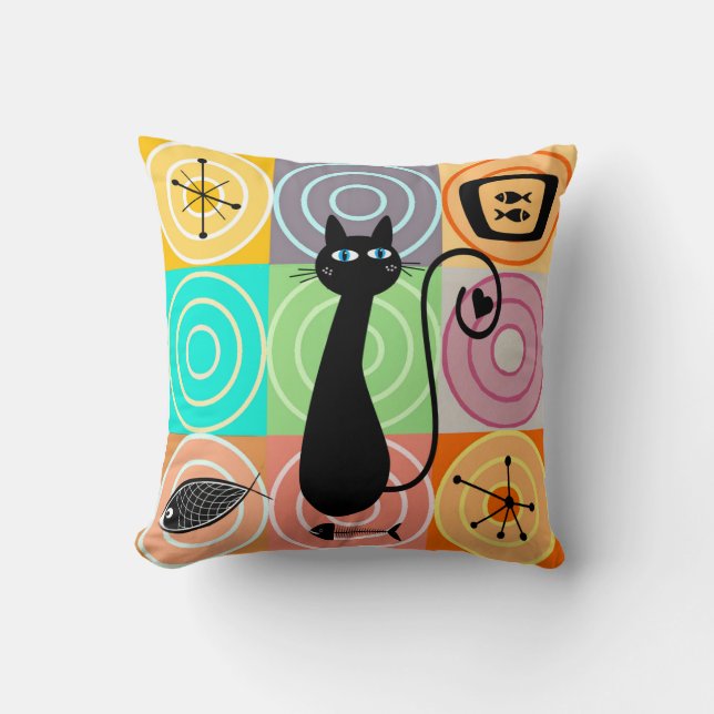 Retro Cat and Fish  Throw Pillow (Front)