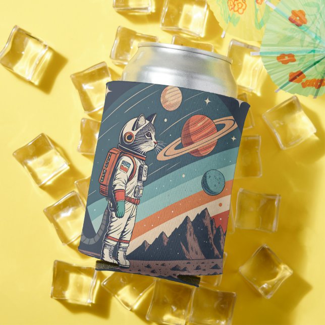 Retro Cat Astronaut Cosmic Space Illustration Can Cooler (In Situ Summer)