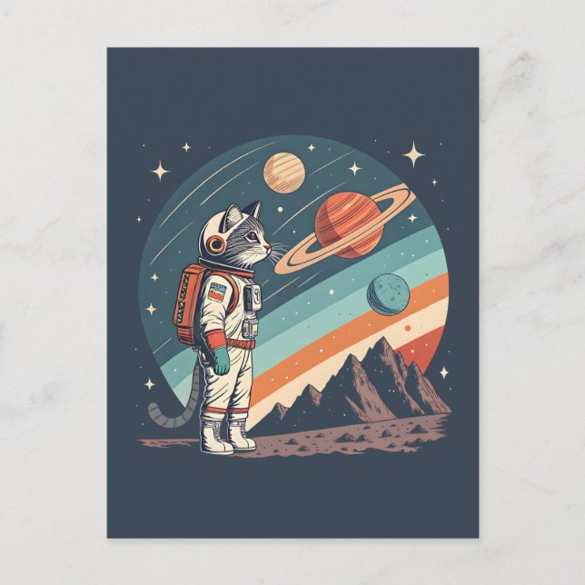 Retro Cat Astronaut Cosmic Space Illustration Holiday Postcard (Front)